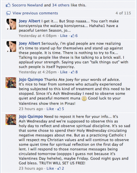 Update 2 of Jojo Quimpo’s “Hypocrisy annoys me, people need to look into mirrors.” full Facebook Thread with Joey Albert