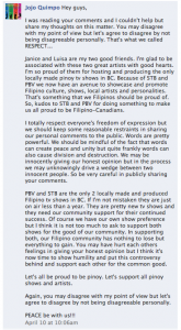 Screen shot of Jojo Quimpo’s comment on Janice Lozano’s Facebook wall regarding Cecille Cabrera’s comments